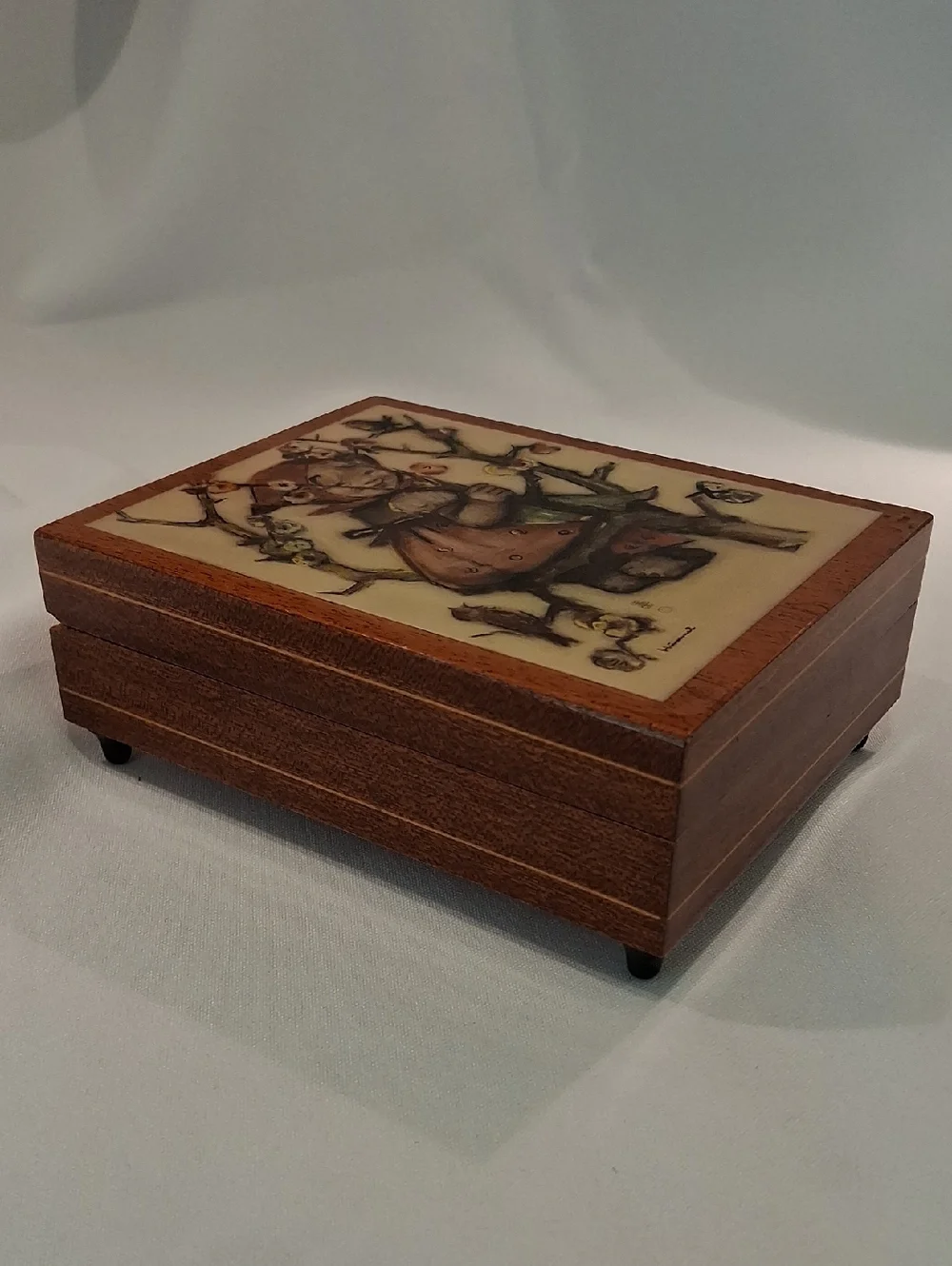 Hummel-Inspired Girl in Tree Music Box Jewelry Box- Brown and Cream